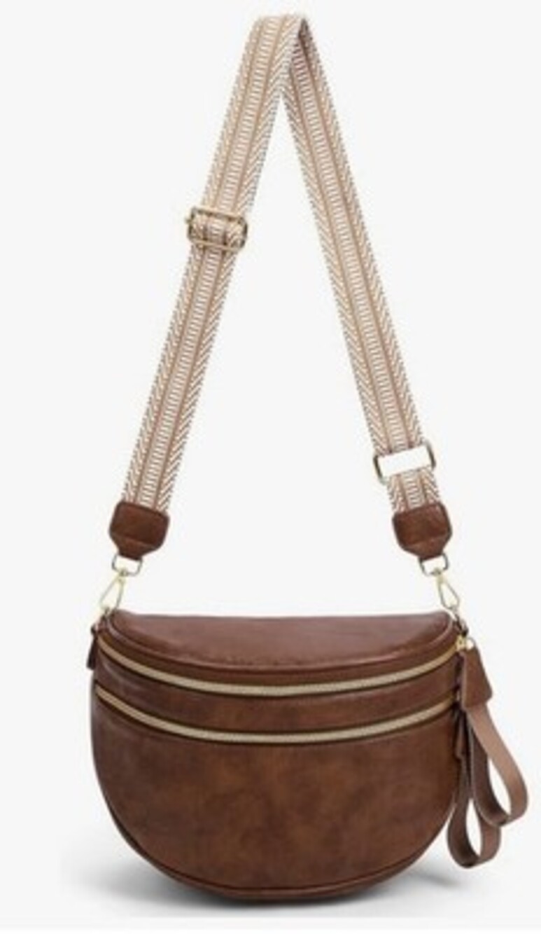 Brown Crescent Crossbody Bag Adjustable Strap Multi Pockets Anti-Theft